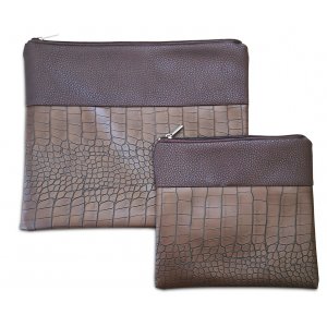 Faux Leather Tallit and Tefillin Bag Set with Crocodile Design  Chocolate Brown