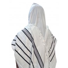 Acrylic Non-Slip Tallit, Textured Checkerboard Weave - Black and Silver Stripes