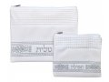 Faux Leather Tallit and Tefillin Bag Set, Off-White  Silver Embroidery