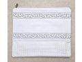 Faux Leather Tallit and Tefillin Bag with Silver Embroidered Bands  Off-White