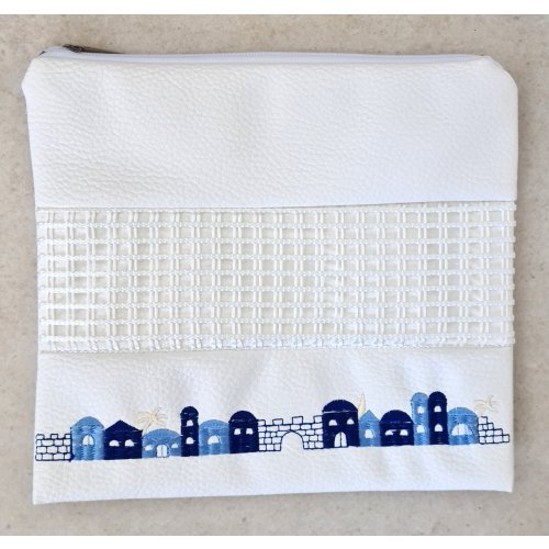 Tallit and Tefillin Bag Set in White Faux Leather, Embroidered  Jerusalem Images