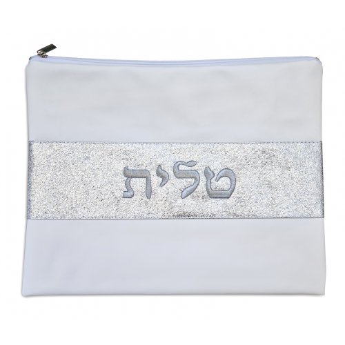 Tallit and Tefillin Bag in Off-White Faux Leather  Glittering Silver Band Embroidered