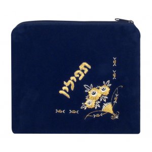 Dark Blue Velvet Tefillin Bag with Flower Design