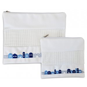 Tallit and Tefillin Bag Set in White Faux Leather, Embroidered  Jerusalem Images