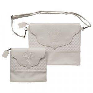 Faux Leather Tallit and Tefillin Bag with Shoulder Strap, Embossed Crown � White