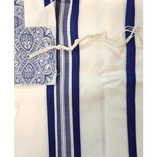 Acrylic Non-Slip Tallit, Textured Checkerboard Weave - Silver and Blue Stripes