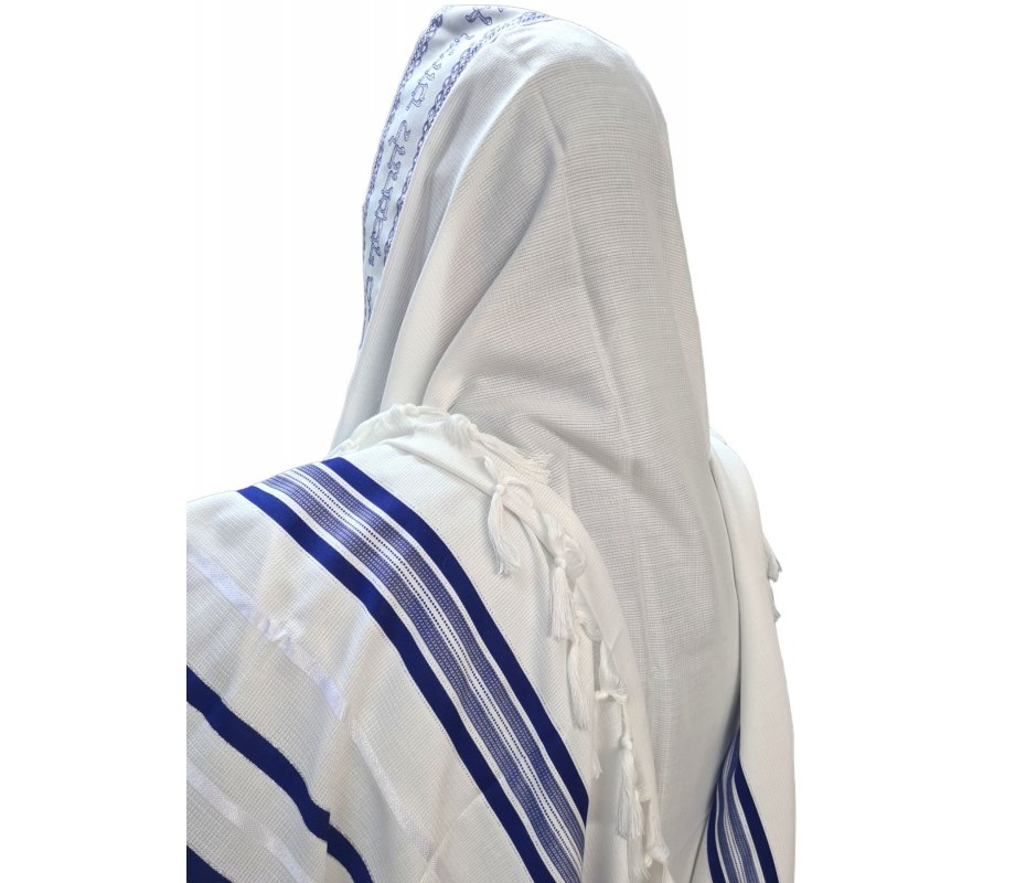 Acrylic Non-Slip Tallit, Textured Checkerboard Weave - Silver and Blue Stripes
