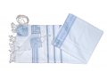 Acrylic Non-Slip Tallit, Textured Checkerboard Weave - Sky Blue and Silver Stripes