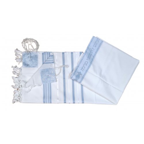 Acrylic Non-Slip Tallit, Textured Checkerboard Weave - Sky Blue and Silver Stripes