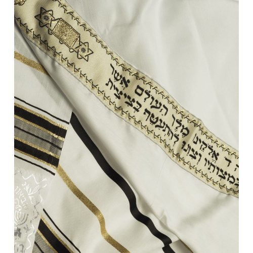 Acrylic Tallit (imitation Wool) Prayer Shawl with Black and Gold Stripes by Talitnia