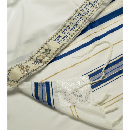 Acrylic Tallit (imitation Wool) Prayer Shawl with Blue and Gold Stripes by Talitnia