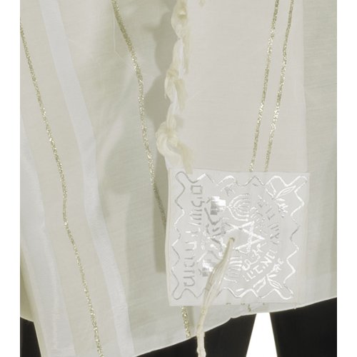 Acrylic Tallit (imitation Wool) Prayer Shawl with White and Silver Stripes by Talitnia