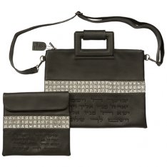 Black Faux Leather Tallit & Tefillin Bag Set, Shoulder Strap – Priestly Blessing