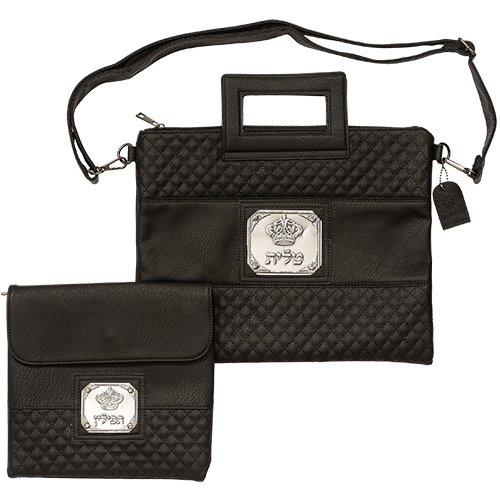 Black Faux Leather Tallit and Tefillin Bag Set, Shoulder Strap and Decorative Plaque