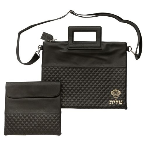Black Faux Leather Tallit and Tefillin Bag Set, Shoulder Strap and Gold Crown Motif