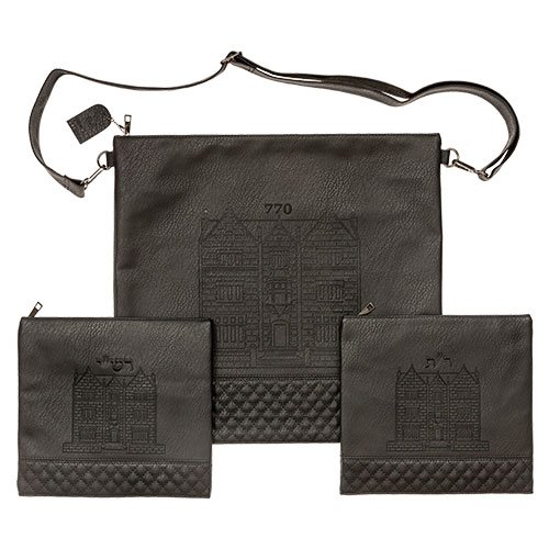 Chabad Lubavitch Tallit & Two Tefillin Bags, Shoulder Strap Black