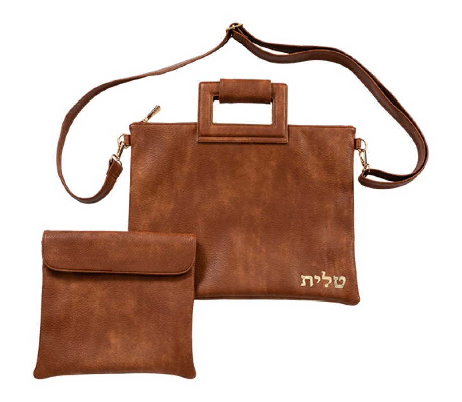 Chestnute Brown Faux Leather Tallit and Tefillin Bags with Shoulder Strap