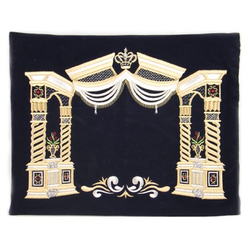 Dark Blue Velvet Tallit & Tefillin Bags - Gold Vilna Pillars