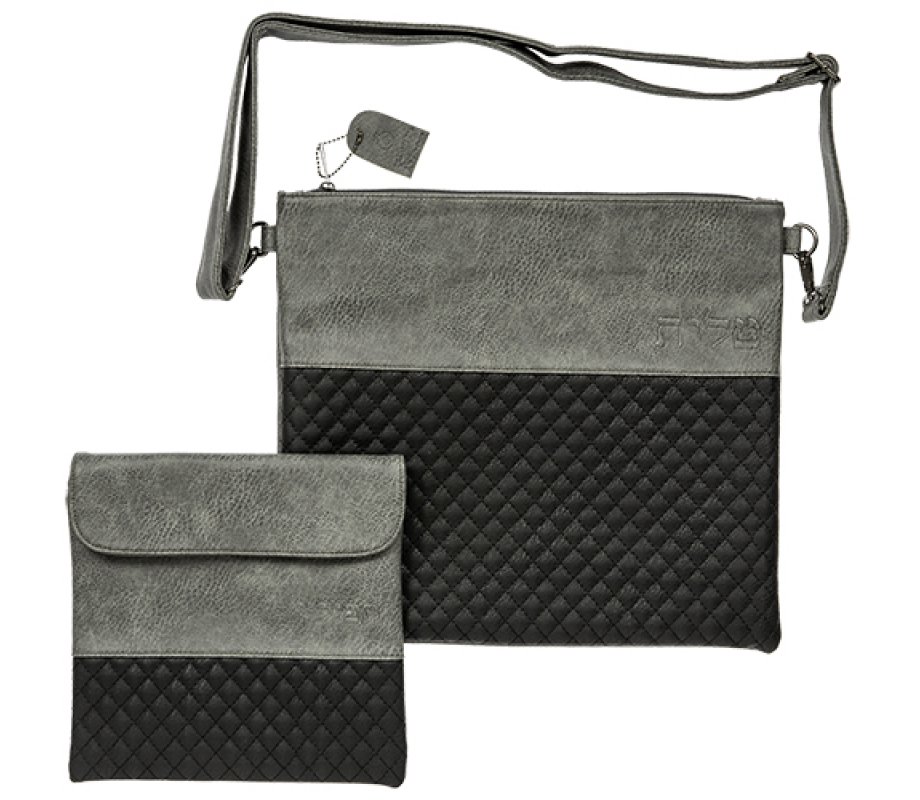 Faux Leather Tallit & Tefillin Bags with Shoulder Strap - Dark and Light Gray