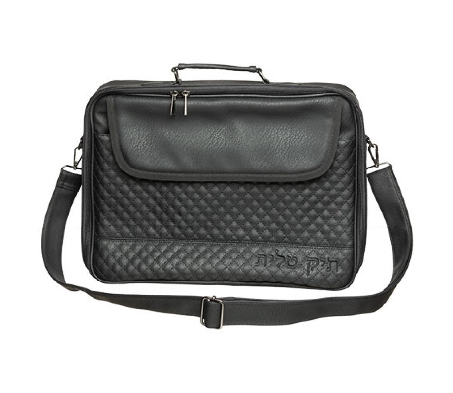 Faux Leather Tallit Bag with Handle and Carrier Shoulder Strap - Black