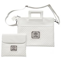 Faux Leather Tallit and Tefillin Bag Set, Crown Motif and Shoulder Strap – White