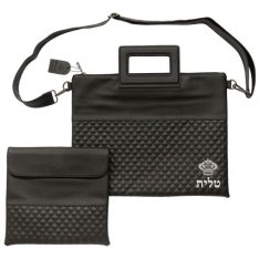 Faux Leather Tallit and Tefillin Bag Set, Shoulder Strap and Crown Motif - Black