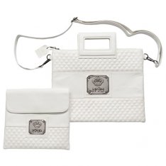 Faux Leather Tallit and Tefillin Bag Set, Shoulder Strap and Crown Motif - White