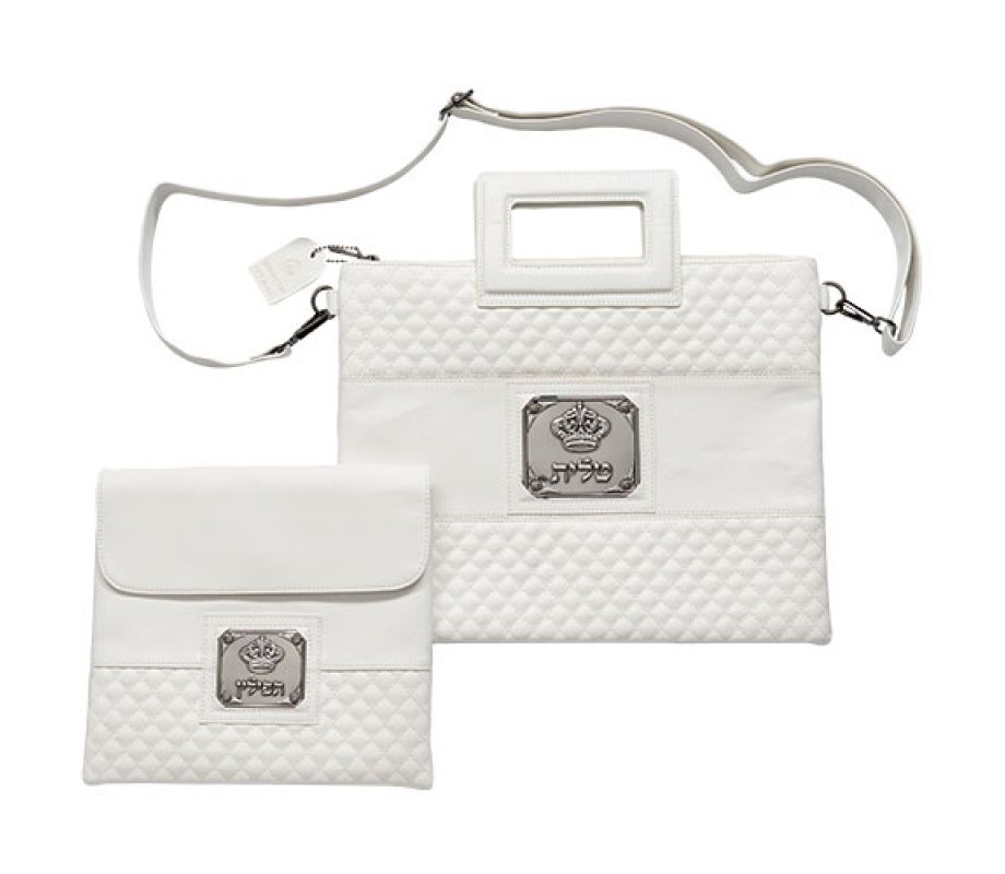 Faux Leather Tallit and Tefillin Bag Set, Shoulder Strap and Crown Motif - White