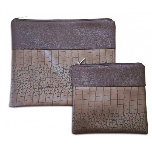 Faux Leather Tallit and Tefillin Bag Set with Crocodile Design  Chocolate Brown