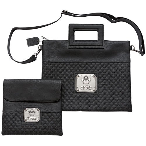 Faux Leather Tallit and Tefillin Bag Set with Plaque, Shoulder Strap – Black