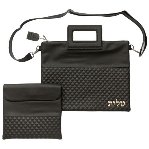 Faux Leather Tallit and Tefillin Bag Set with Shoulder Strap and Handle – Black