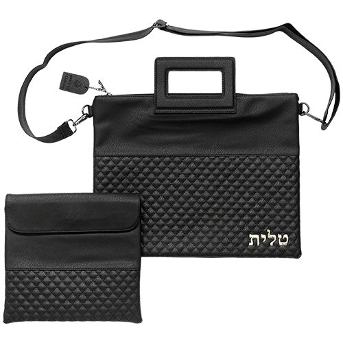 Faux Leather Tallit and Tefillin Bag Set with Shoulder Strap and Handle – Black
