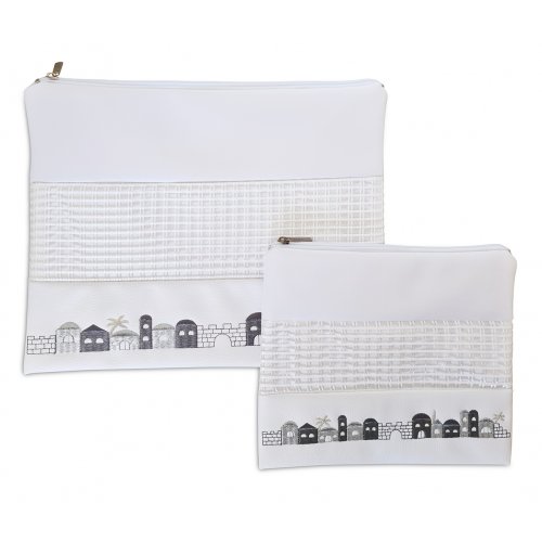 Faux Leather Tallit and Tefillin Bag, White - Gray and Silver Jerusalem Images