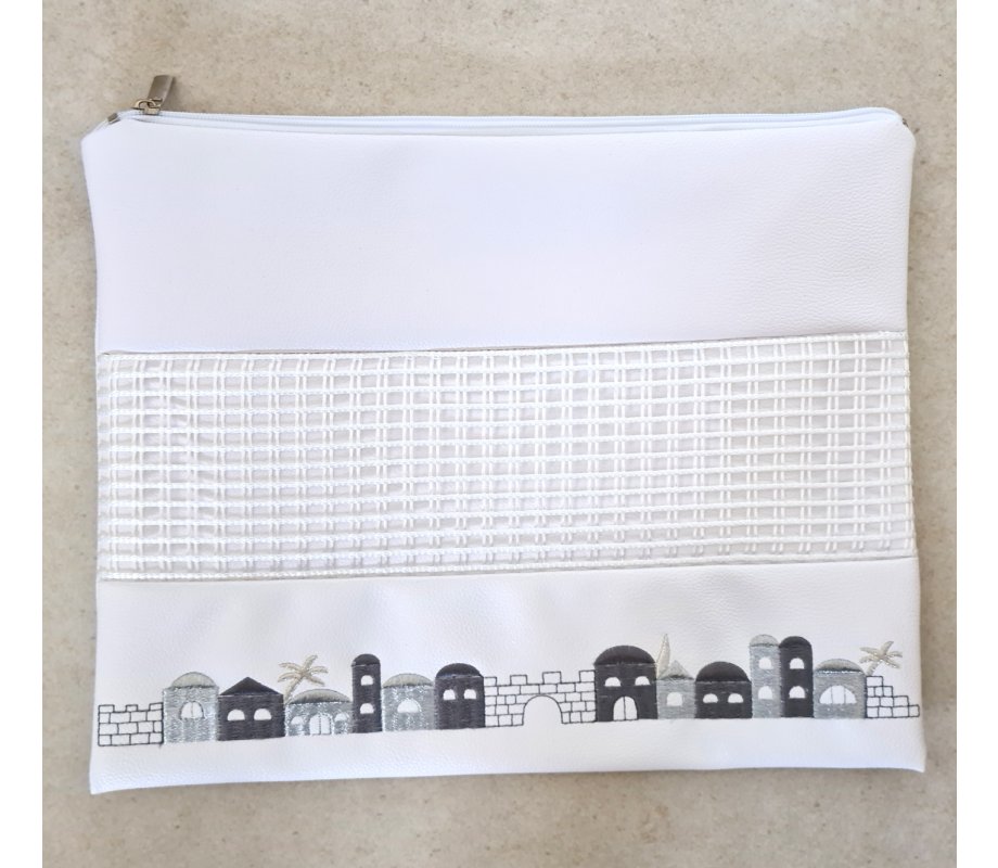 Faux Leather Tallit and Tefillin Bag, White - Gray and Silver Jerusalem Images