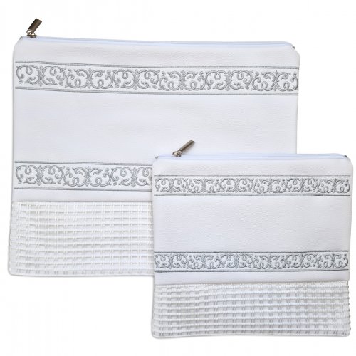 Faux Leather Tallit and Tefillin Bag with Silver Embroidered Bands  Off-White