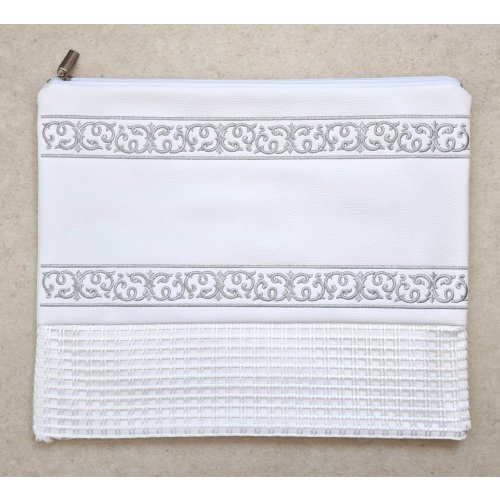 Faux Leather Tallit and Tefillin Bag with Silver Embroidered Bands – Off-White