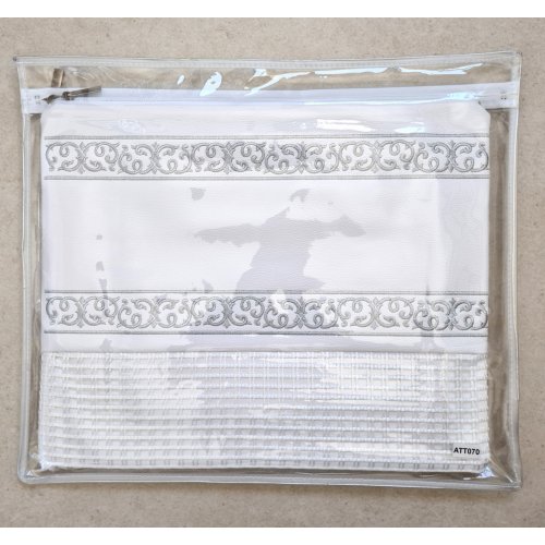 Faux Leather Tallit and Tefillin Bag with Silver Embroidered Bands  Off-White