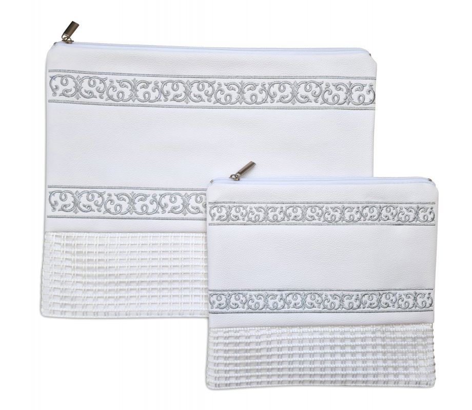 Faux Leather Tallit and Tefillin Bag with Silver Embroidered Bands – Off-White