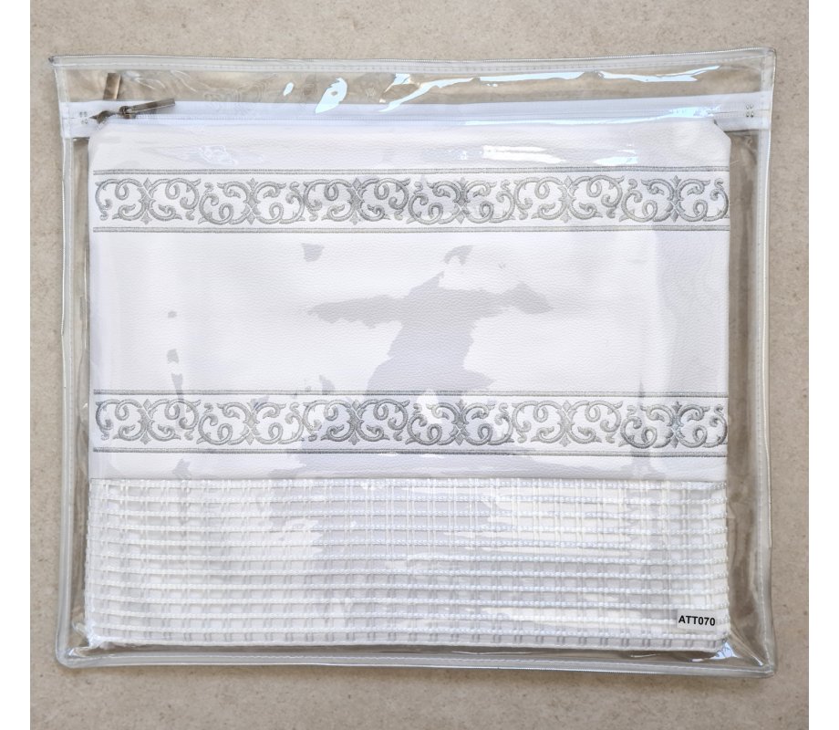 Faux Leather Tallit and Tefillin Bag with Silver Embroidered Bands – Off-White