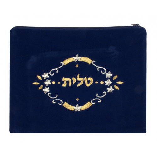 Flower Design Dark Blue Velvet Tallit and Tefillin Bags