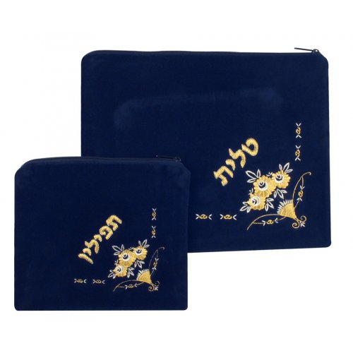 Flowers design Dark Blue Velvet Tallit and Tefillin Bags