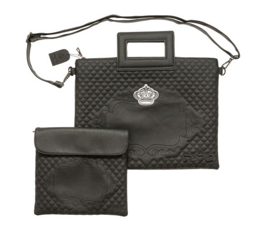 Leathery Tallit & Tefillin Bag with Frame, Handle & Shoulder Strap - Black