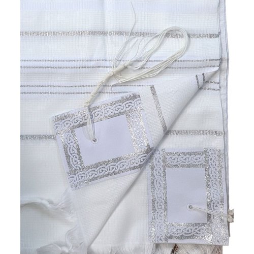 Noam Acrylic Non-Slip Lightweight Tallit Prayer Shawl  Silver and White Stripes