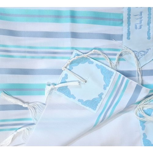Noam Acrylic Tallit Prayer Shawl - Turquoise and Silver Stripes