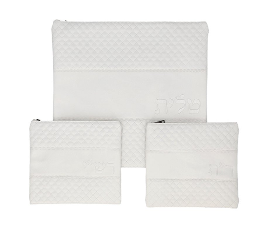 Tallit Bag and Two Bags for Rashi & Rabbeinu Tam Tefillin - White Faux Leather