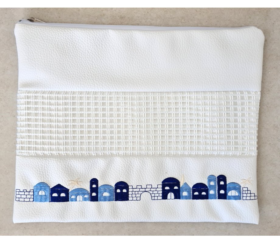 Tallit and Tefillin Bag Set in White Faux Leather, Embroidered – Jerusalem Images