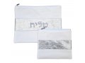 Tallit and Tefillin Bag in Off-White Faux Leather  Glittering Silver Band Embroidered