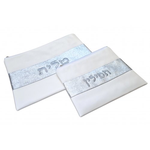 Tallit and Tefillin Bag in Off-White Faux Leather  Glittering Silver Band Embroidered