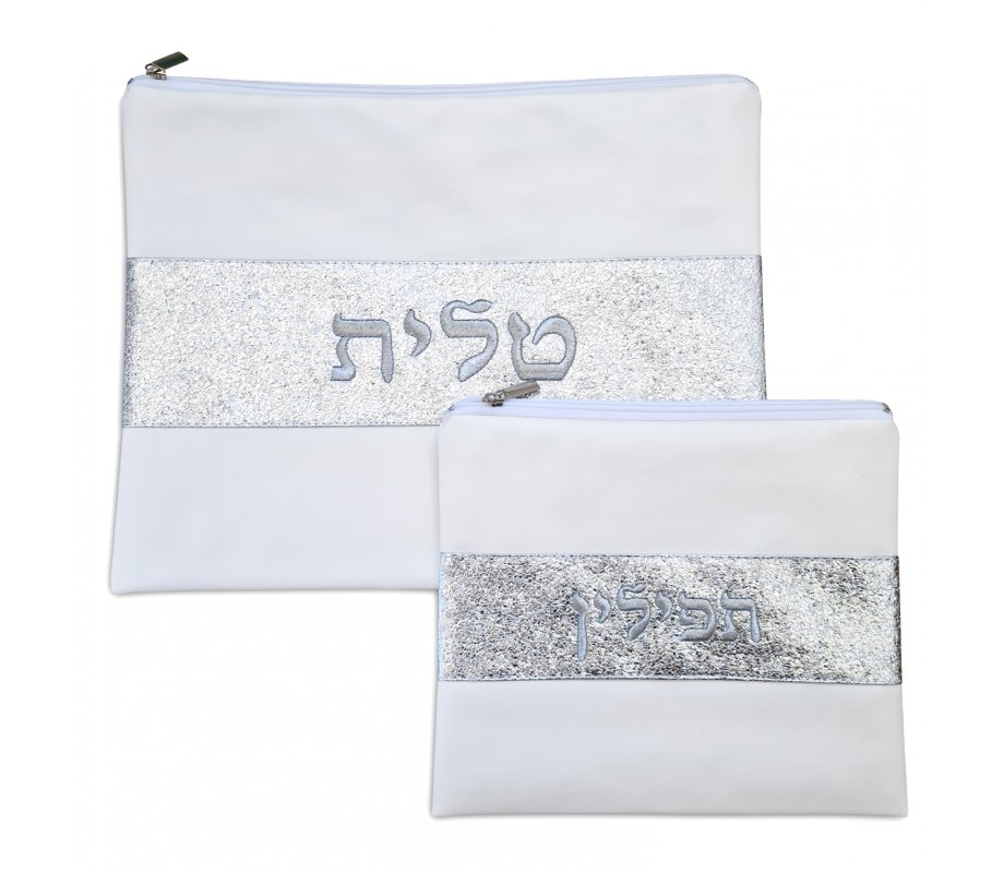 Tallit and Tefillin Bag in Off-White Faux Leather  Glittering Silver Band Embroidered