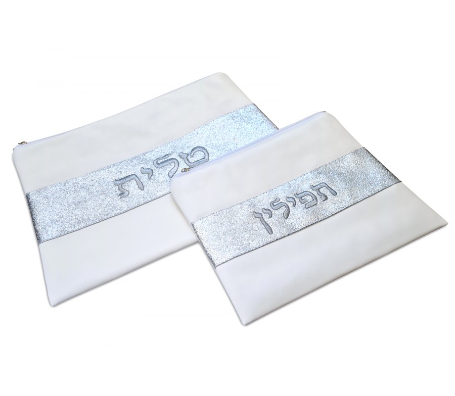 Tallit and Tefillin Bag in Off-White Faux Leather  Glittering Silver Band Embroidered